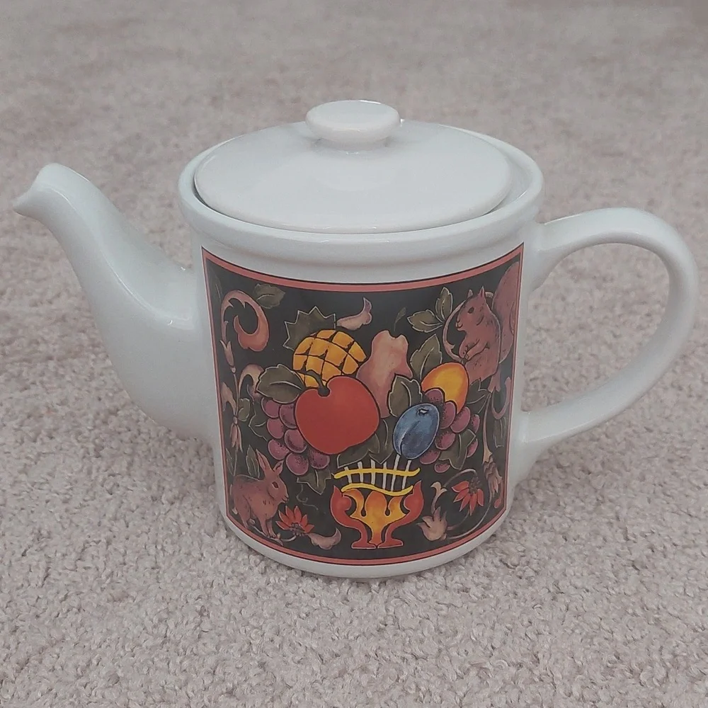 CBK LTD. White Ceramic Teapot with Colorful Nature Design NIB